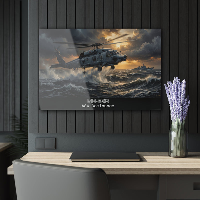 Australian Warfighters Coffee MH-60R helicopter art print over stormy seas, acrylic wall art.