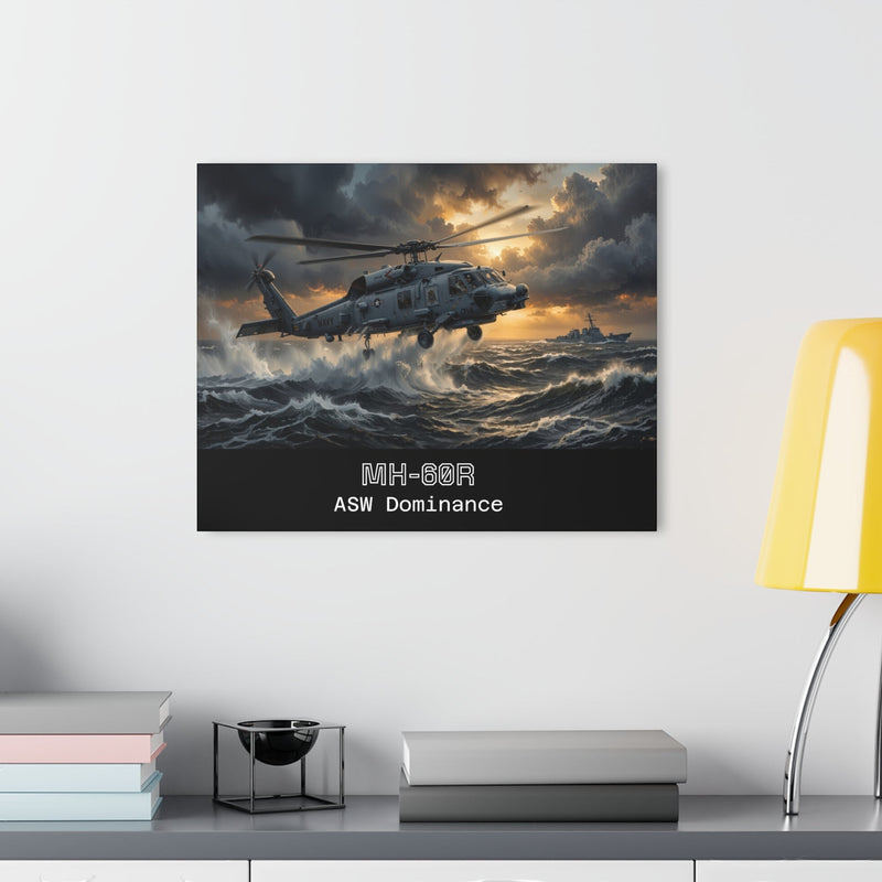 Australian Warfighters Coffee MH-60R helicopter flying over stormy seas, acrylic print wall art.
