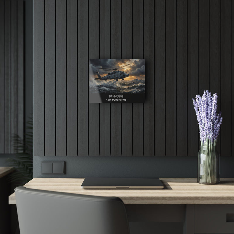 Australian Warfighters Coffee MH-60R helicopter art print on acrylic, flying over stormy seas.