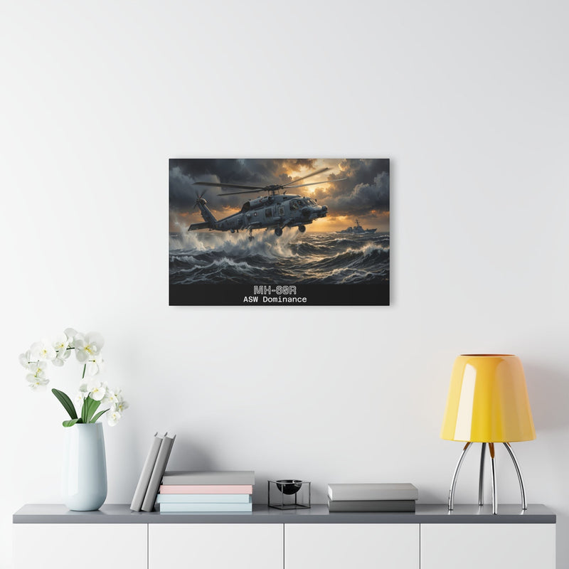 Australian Warfighters Coffee MH-60R helicopter art print over stormy seas, dramatic sky, acrylic wall art.