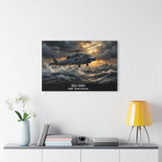 Australian Warfighters Coffee MH-60R helicopter flying over stormy seas at sunset, military wall art.