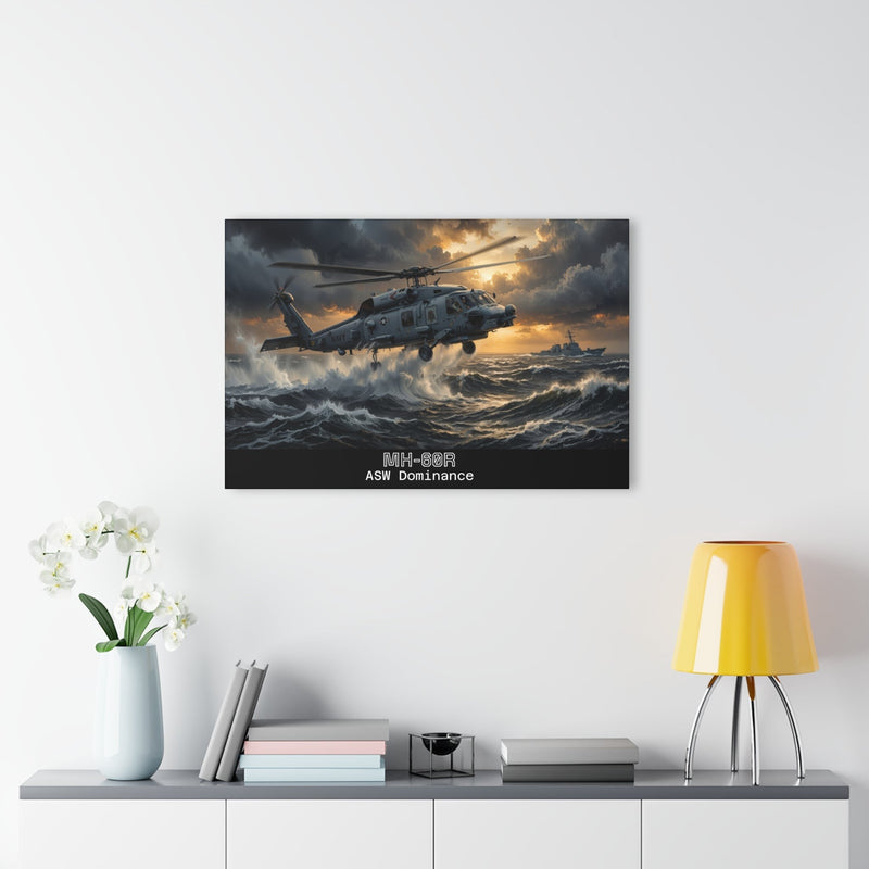 Australian Warfighters Coffee MH-60R helicopter flying over stormy seas at sunset, military wall art.