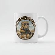 Australian Warfighters Coffee white ceramic mug with a tactical bear graphic and "Coffee Before Chaos" slogan.