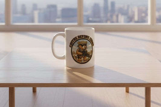 Australian Warfighters Coffee white ceramic mug with a tactical bear graphic and "Coffee Before Chaos" slogan.