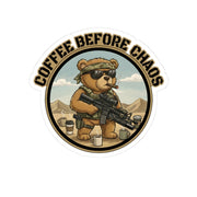 Australian Warfighters Coffee tactical bear sticker with rifle and coffee cups, "Coffee Before Chaos" text.