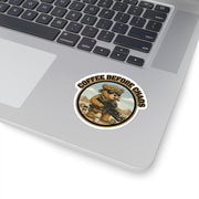Australian Warfighters Coffee sticker: tactical teddy bear with rifle and coffee cups, "Coffee Before Chaos" text.
