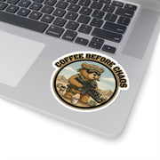 Australian Warfighters Coffee sticker: tactical bear in combat gear with rifle and coffee cups, "COFFEE BEFORE CHAOS" text.