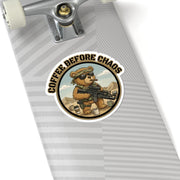 Australian Warfighters Coffee sticker: tactical teddy bear with rifle and coffee, "Coffee Before Chaos" text.