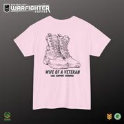 Australian Warfighters Coffee pink 100% cotton t-shirt with 'Wife of a Veteran' and military boots graphic.