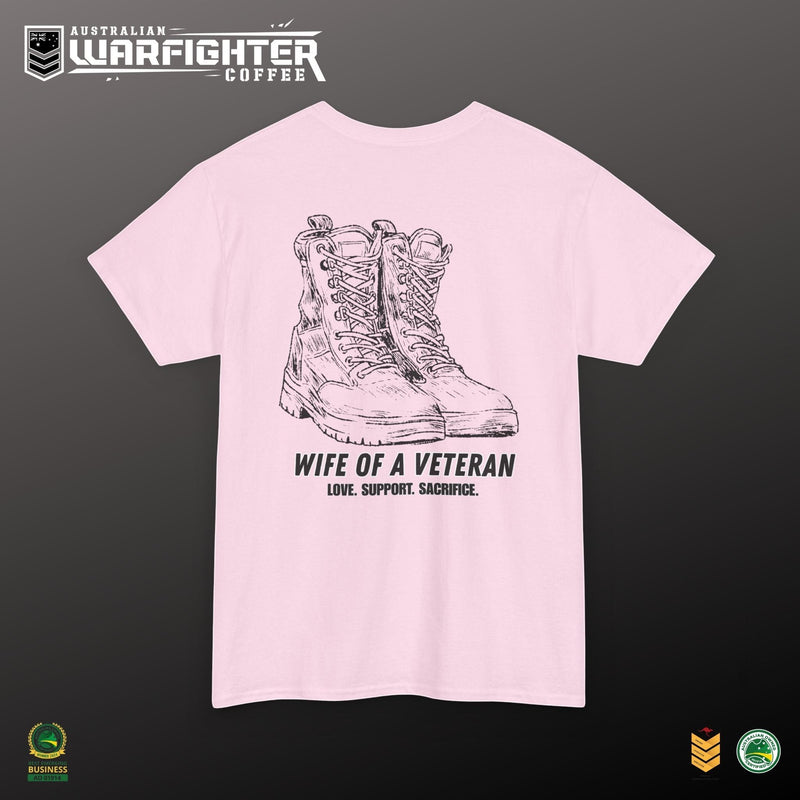 Australian Warfighters Coffee pink 100% cotton t-shirt with 'Wife of a Veteran' and military boots graphic.