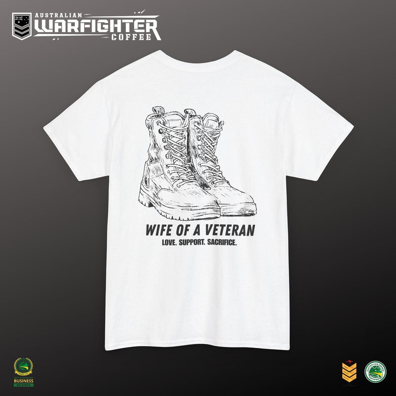 Australian Warfighters Coffee white 100% cotton t-shirt with military boots graphic and 'Wife of a Veteran Love. Support. Sacrifice.' text.