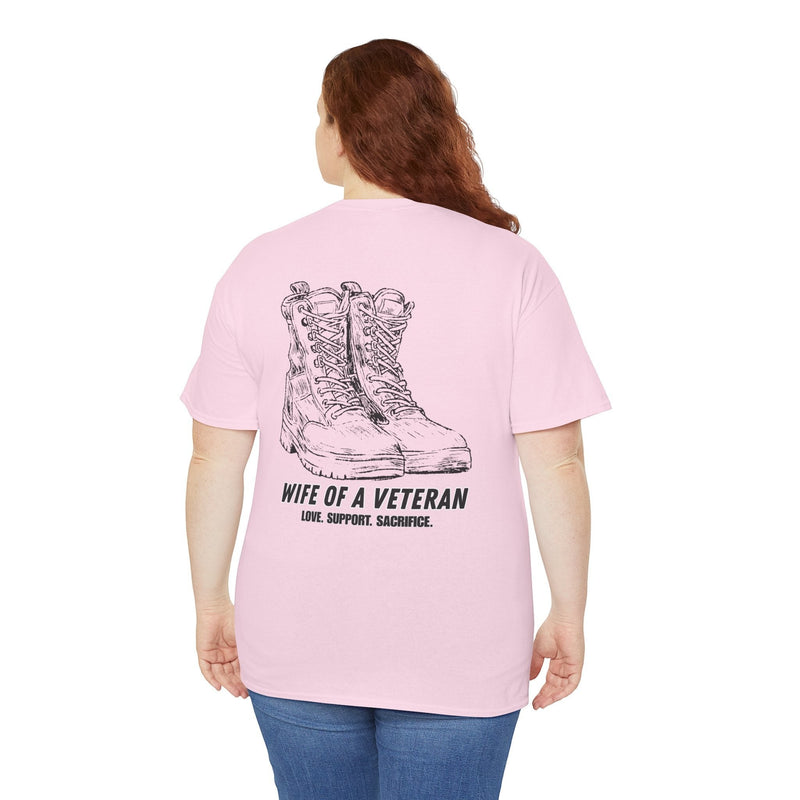 Australian Warfighters Coffee pink 100% cotton t-shirt with 'Wife of a Veteran' and military boots graphic.