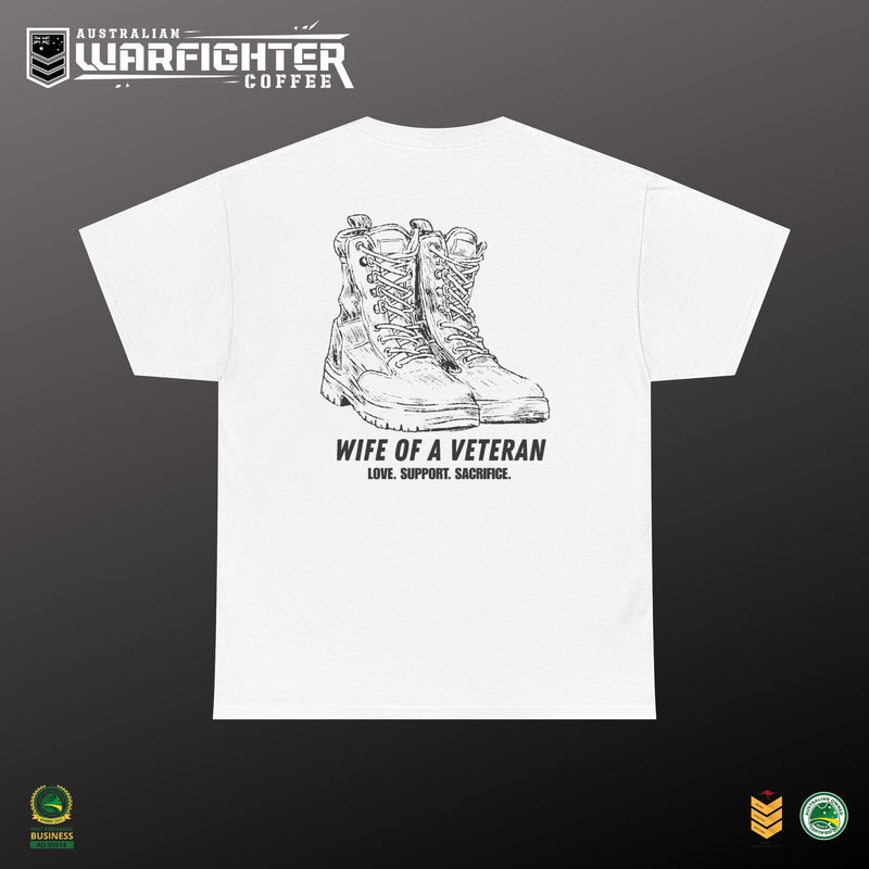 White 100% cotton t-shirt with a sketch of military boots and text 'Wife of a Veteran. Love. Support. Sacrifice.'