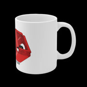 Australian Warfighters Coffee 11oz white ceramic mug featuring a red geometric graphic design on the side