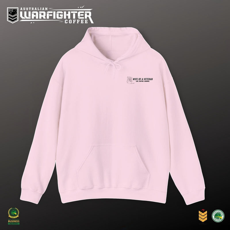 Australian Warfighters Coffee pale pink cotton-poly blend hoodie with combat boots graphic and "Wife of a Veteran — Love. Support. Sacrifice." text on back.