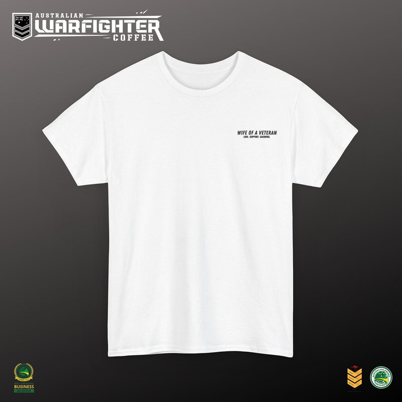 Australian Warfighters Coffee white 100% cotton t-shirt with 'Wife of a Veteran' and military boots graphic.